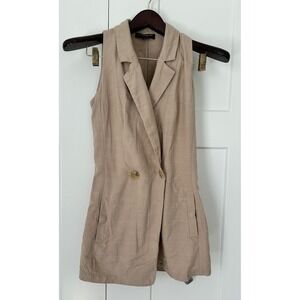 Central Park West Tan Sleeveless Double Breasted Romper Linen Blend Small Khaki